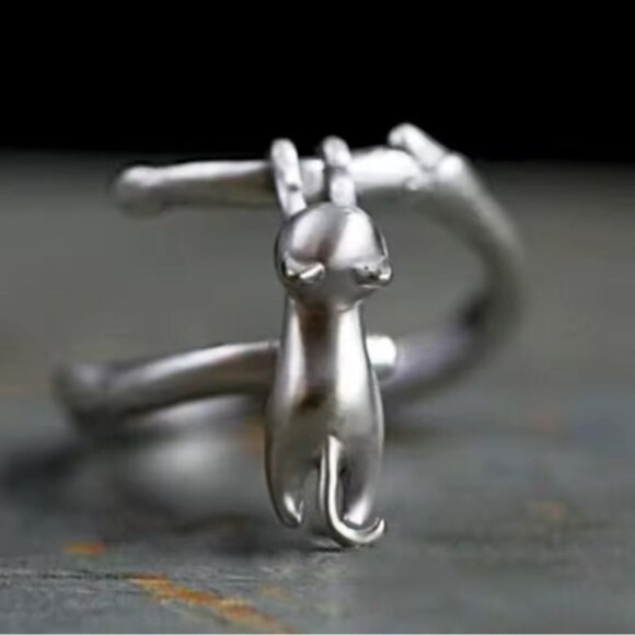 Cat Silver Hanging Ring – Adjustable Silver Animal Lover Jewelry - Picture 2 of 9